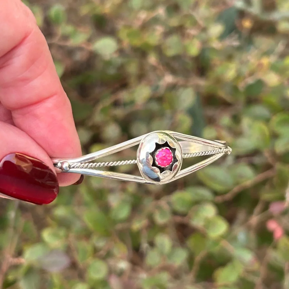 Navajo Hand Made 925 Sterling & Pink Opal Stone Cuff